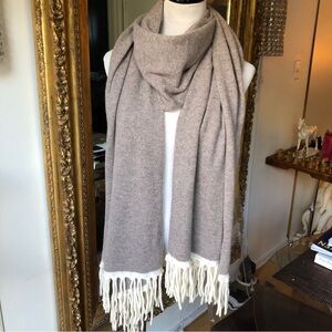 Christian Siriano Beige 100% Cashmere Shawl Scarf Wrap With White Fringe